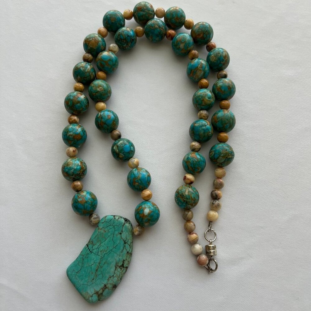 Boho Indie Genuine Stone Blue Turquoise Color Round Beaded Pendant Necklace